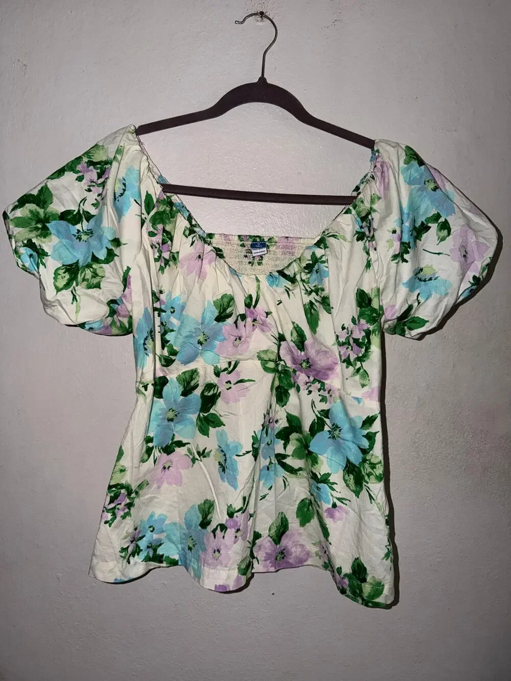 Old Navy Womens M Tall Floral Puff Sleeve Smocked Cotton Blouse